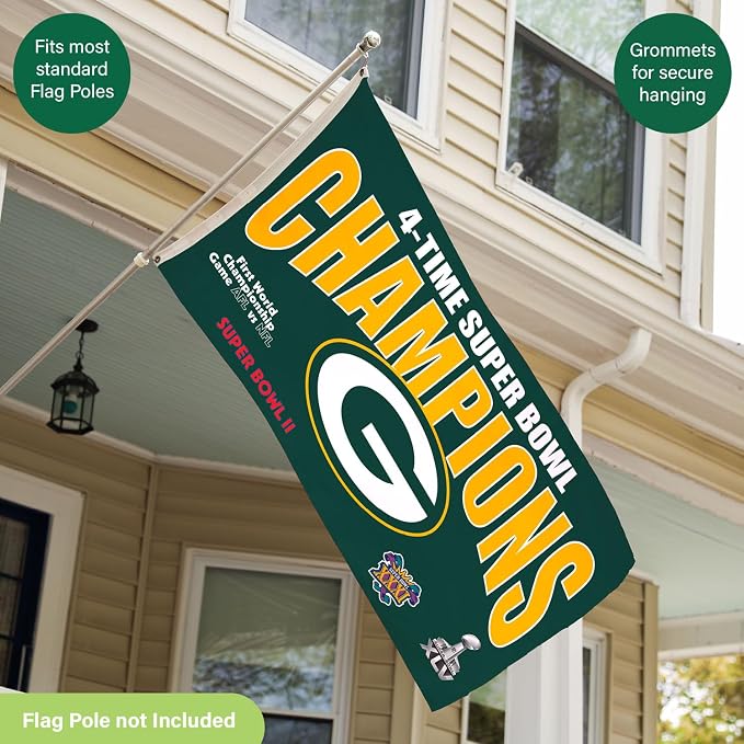 Team Sports America NFL Green Bay Packers Multi-Win Superbowl Champions 3x5 Flag for Outside with Grommets | Outdoor & Indoor | Heavy Duty Flag & Banner | Works with Flag Pole for Outside House