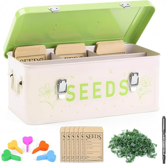Seed Storage Organizer Box with 4 Compartments, Metal Seed Saving Container with Lockable Lid and Safety Locks, Includes 50 Envelopes, 100 Plant Labels, 50 Clips and Marker (Fruit Green)