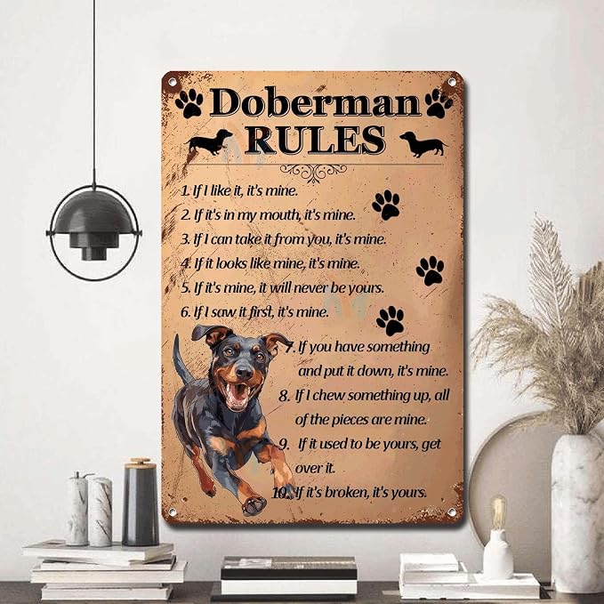 Metal Sign Tin Sign Vintage Wall Art Doberman Rules Metal Signs Vintage for Restaurant 12×16 Inches
