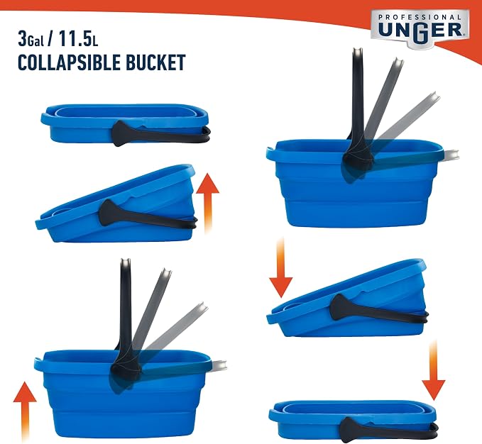 Unger Professional 3-Gallon Collapsible Bucket, Portable Household Cleaning Supplies, Small Washing Buckets with Handles, Essential Water Container and Storage Organizer Tool