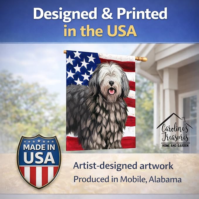 Caroline's Treasures CK6430CHF Bergamasco American Flag House Flag Large Porch Sleeve Pole Decorative Outside Yard Banner Artwork Wall Hanging, Polyester, House Size, Multicolor