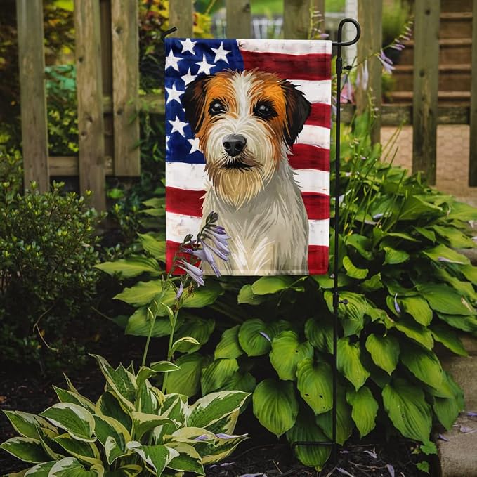 Caroline's Treasures CK6678GF Russell Terrier Dog American Flag Garden Flag Mailbox Flag Decorative Yard Flag Banner Outside Patio Artwork Yard Flower Beds, Garden Size, Multicolor