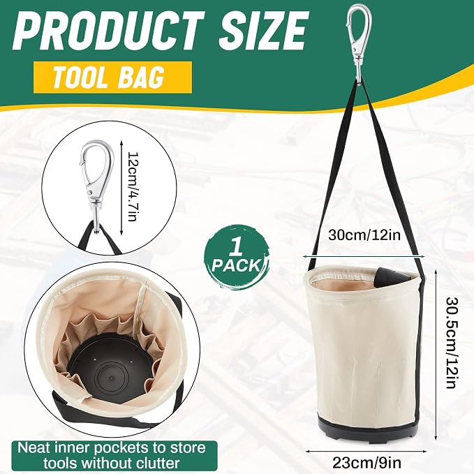 Heavy Duty Tool Canvas Bucket 12 x 12 x 9'' Tapered Wall Bucket Bag with 14 Inner Pockets, Thickened 14 Ounce Canvas, Plastic Bottom High Weight Load Capacity up to 100 Lbs(Unprinted)