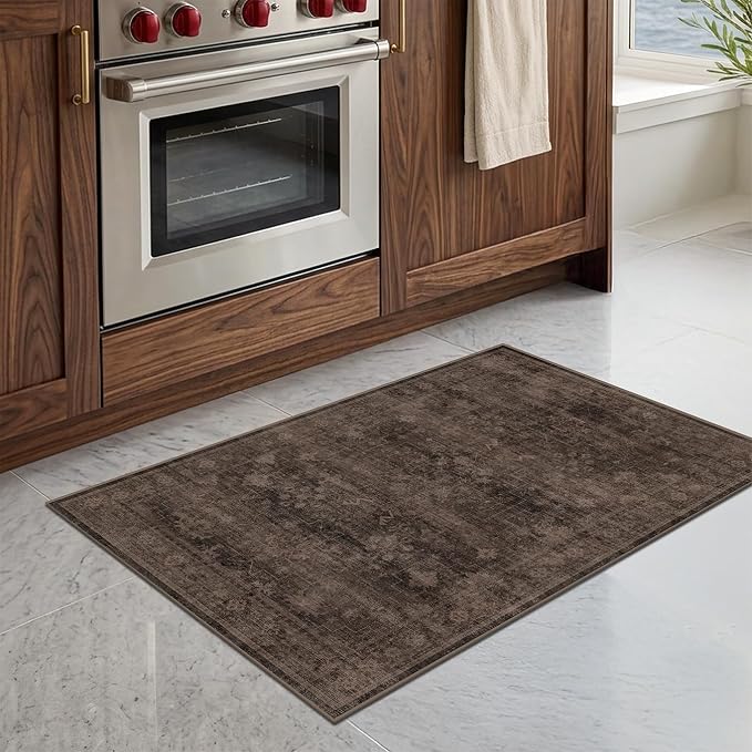 Washable 2x3 Entry Rug for Entryway, Kitchen, Low Pile Anti-Slip Stain Resistant Front Door Mat, Dark Taupe Brown Modern Farmhouse Neutral Distressed Geometric Throw Area Rug for Bathroom
