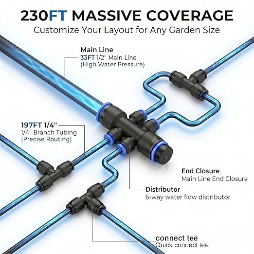 Drip Irrigation Kit – 230FT Automatic Garden Watering System with Quick-Connect 1/4" & 1/2" Fast-Lock Tubing, Adjustable Nozzles & Sprinklers for Greenhouse, Lawn, Potted Plants
