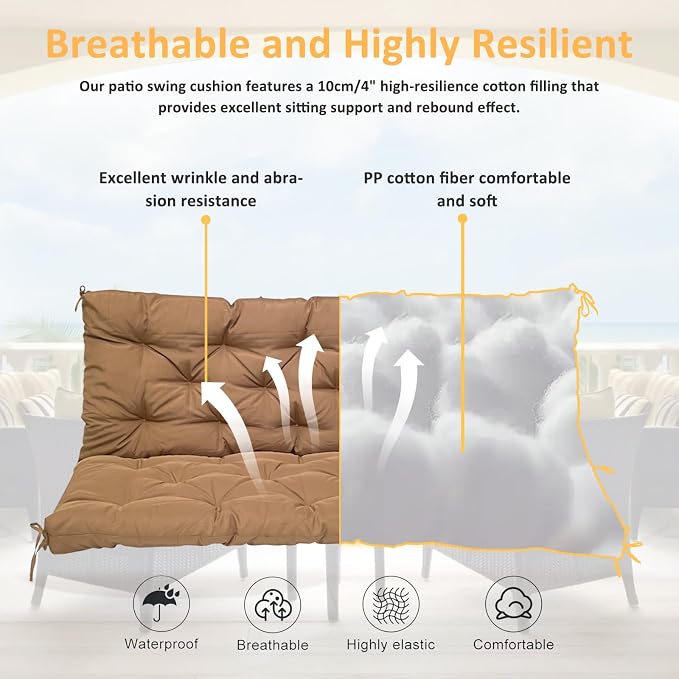 Swing Replacement Cushions for Outdoor: 2-3 Seater Waterproof Porch Bench Cushion with Backrest and Ties - 4" Thick Swing Cushion for Garden Patio Backyard Loveseat