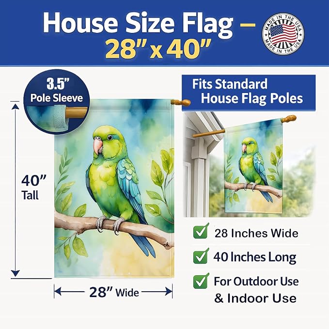 Caroline's Treasures Parrotlet House Flag Large Porch Sleeve Pole Decorative Outside Yard Banner Artwork Wall Hanging, Polyester, House Size, Multicolor