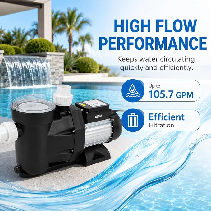 1.5 HP Pool Pump 110V/120V Above/In Ground Pool Pump | Self Priming, 105.7GPM, 2-24H Timer, 52.49ft Hmax, 422.68qt/min, Max. 122℉, Overheating Protection for Pools