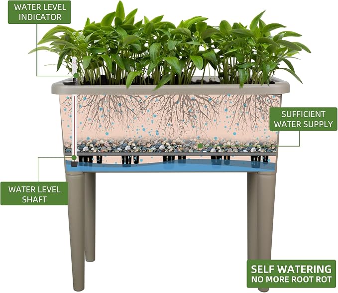 Dexceder 13.2 Gallon Self Watering Raised Garden Bed (Light Brown) | Ventilation Transparent Lid Greenhouse, Deepen Vegetable Flower Box Planter Pot with Removeble Legs & Water Level Indicator