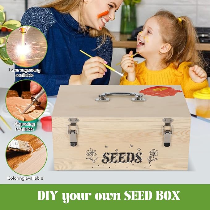13.1”×7.7”×6” Wood Seed Storage Box 60pcs Seed Envelopes Fluorescent Index Tabs Seed Saving Organizer Box with Removable Dividers Safety Lock Side Handles Top Handle Gifts for Gardener Friends