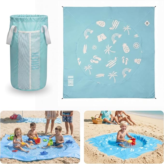 2-in-1 Kids, Baby & Infants Beach Pool & Waterproof Picnic Blanket - Large 6.5' Portable Paddling, Pool & Play Mat & Waterproof Carrying Bag, Outdoor Summer, Toddle Child & Kid, Aquamarine Blue Dream