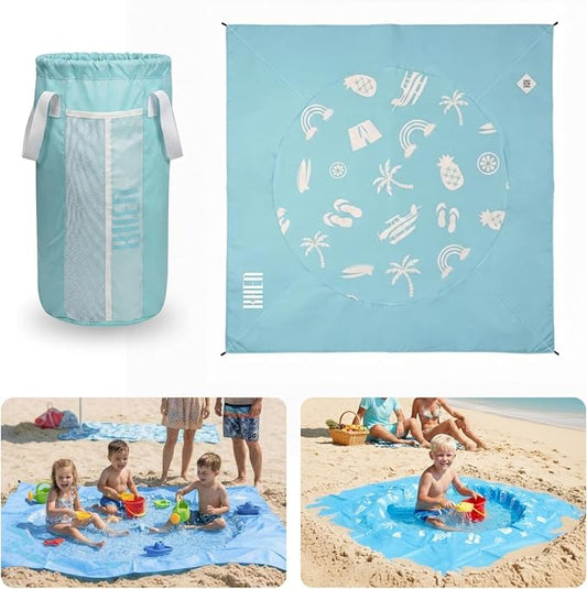 2-in-1 Kids, Baby & Infants Beach Pool & Waterproof Picnic Blanket - Large 6.5' Portable Paddling, Pool & Play Mat & Waterproof Carrying Bag, Outdoor Summer, Toddle Child & Kid, Aquamarine Blue Dream