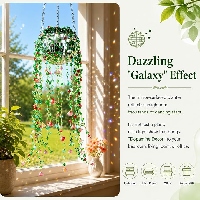 Green Glass Beaded Plant Kit Boho Crystal Suncatcher with Disco Ball Planter DIY Lily of the Valley Premium Glass Flower & Leaf Beads Craft Set for Adults Everlasting Botanical Window Decor Gift