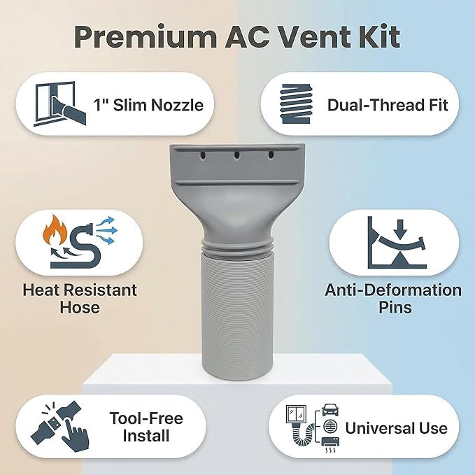 Portable AC Exhaust Hose Kit - 1 Inch Flat Nozzle + 59 Inch Hose | Vent kit for 3D printers, laser engravers & portable ACs. 1in flat nozzle + 59in hose + adapter. Dual-thread. No drilling.