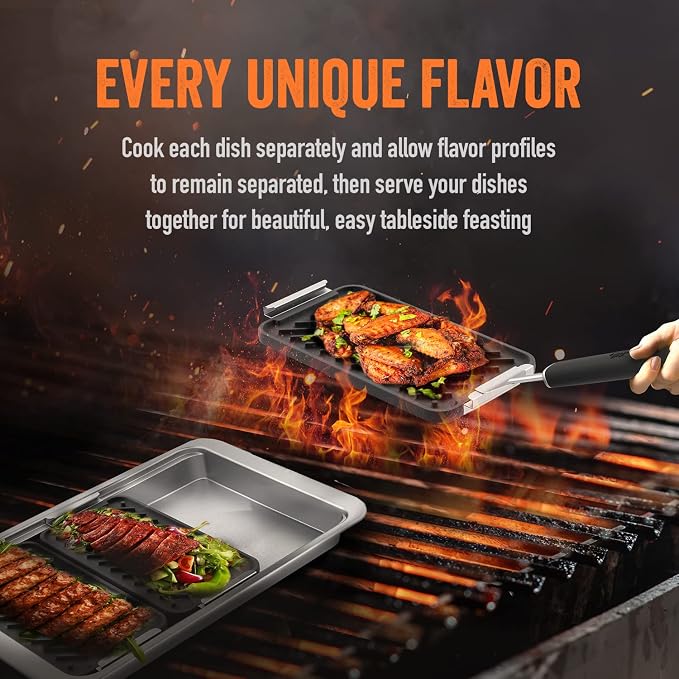 Yukon Glory Cast Iron Sear & Serve Set | 3 Grooved Cast Iron Pans, Stainless Serving Station & Clip-On Handle | Pre-Seasoned | Grill to Table | Gas, Charcoal & Campfire
