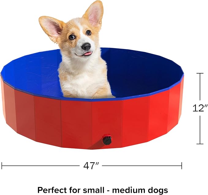Foldable Dog Pool - 47x12in Pet Pool - Durable PVC Outdoor Pool with Drain for Grooming, Bathing, or Play - Dog Pools for Large Dogs by PETMAKER (Red)