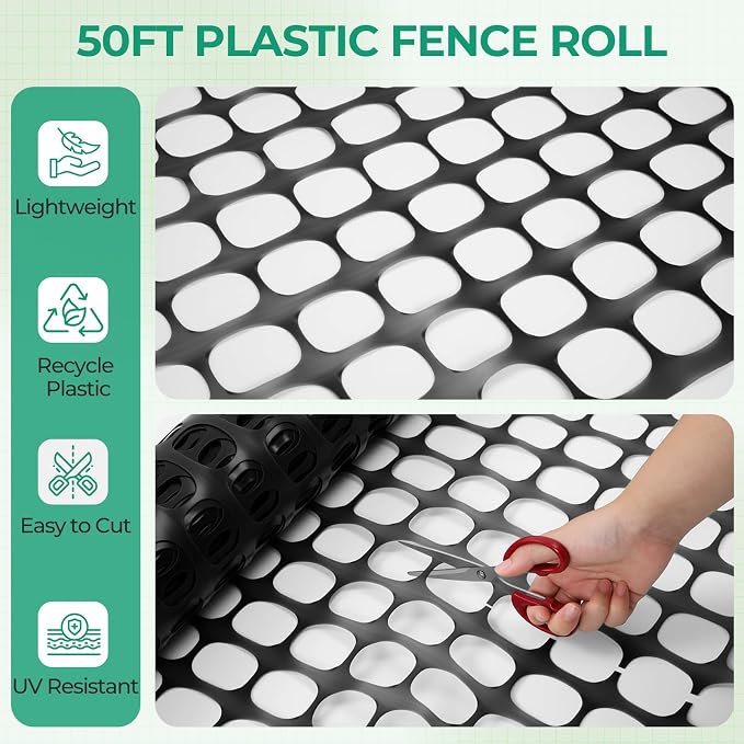 Ohuhu Plastic Garden Fence Safety Fence, 4'x50'/5.3 LB Reusable Netting Plastic Mesh Fence Roll, Temporary Fencing for Animal Barrier Construction Snow Fence Poultry Rabbits Chicken Dogs Deer