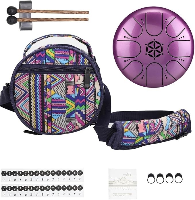 Rain Drum for Outside Garden,Steel Tongue Drum with Carry Bag, 5 Inch 8 Note Handpan Tank Drum Kit, C Major Tongue Drum Instrument (Purple)