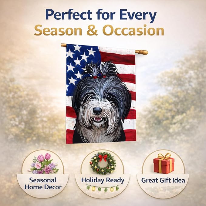 Caroline's Treasures CK6740CHF Tibetan Terrier American Flag House Flag Large Porch Sleeve Pole Decorative Outside Yard Banner Artwork Wall Hanging, Polyester, House Size, Multicolor