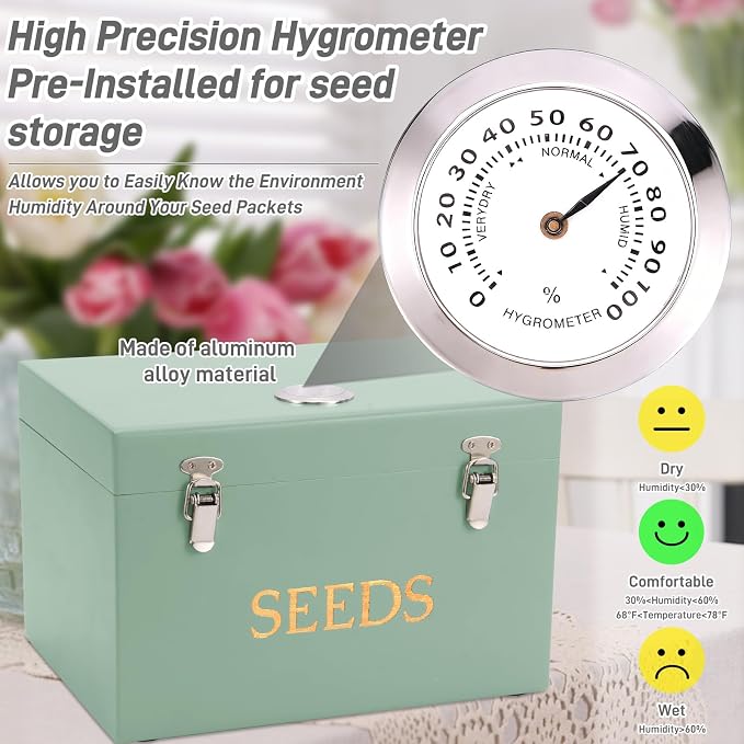 Professional-Designed Bamboo Seed Storage Box with Built-in Hygrometer, Double-Layer Airtight Lid and Safety Lock, Temperature-Stable Wooden Seed Organizer for Preservation, Great Gifts for Gardener