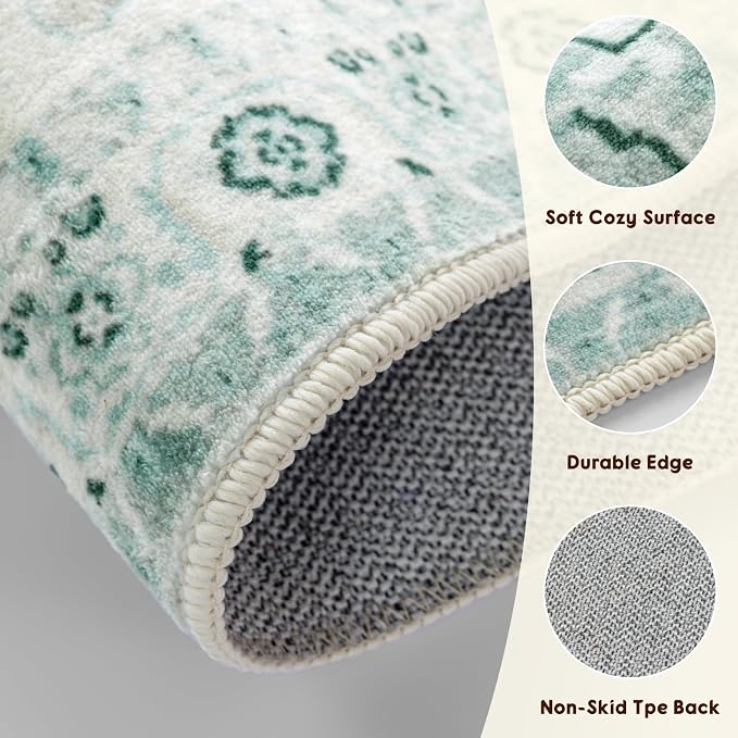 LBRO2M Machine Washable Rug Soft Pet Friendly Carpet 2X6 Green | Persian Runner Rug 2X6 for HallWay, Bedroom, Kitchen, Laundry Room, Non Slip Carpet, Foldable Stain Resistant Rugs