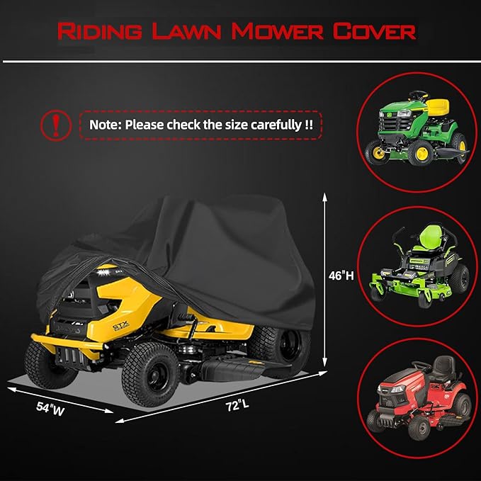 Lawn Mower Cover, Heavy Duty 600D Oxford, Waterproof Outdoor, Weather Resistant, Rip-Proof, Anti-UV, Raing-proof, Sun Block, Heatresistant with 1 Windproof Strap, 1 Storage Bag (Riding)
