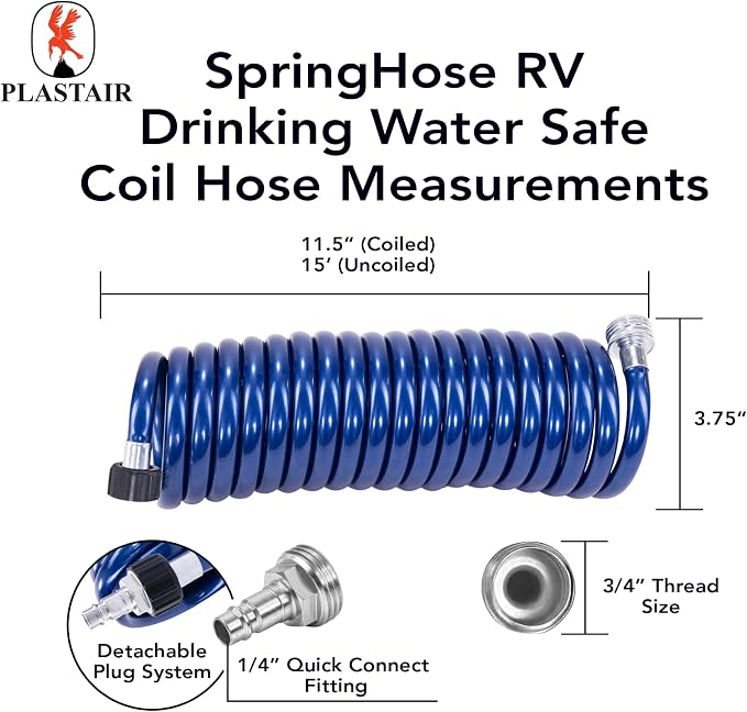 SpringHose RV Premium Polyurethane Drinking Water Safe Coil Hose with Male Adapter Plug - Lightweight Recoil Garden Hose Retractable Blue Coil Garden Hose 3/8 in by 15-Foot Made in Canada