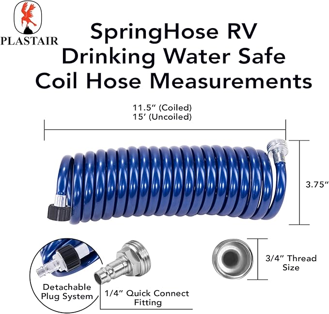 SpringHose RV Water Hose 3/8 in by 15-Foot Polyurethane Safe RV Drinking Water Hose - Premium and Lightweight Coiled Hose with Quick-Connect Male Adapter Plug and Nozzle, Made in Canada, Blue