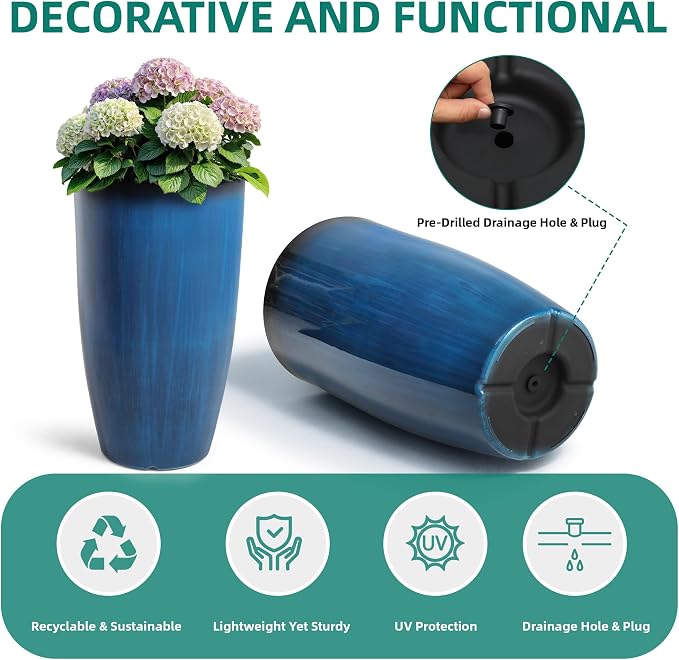 Autodaya 23.8" Tall Planters Set of 2, Large Plastic Plant Pots with Artistic Floating Cobalt Blue Glaze, UV-Resistant Lightweight PP Flower Pots for Outdoor Indoor Plants, Garden, Patio, Deck, Porch