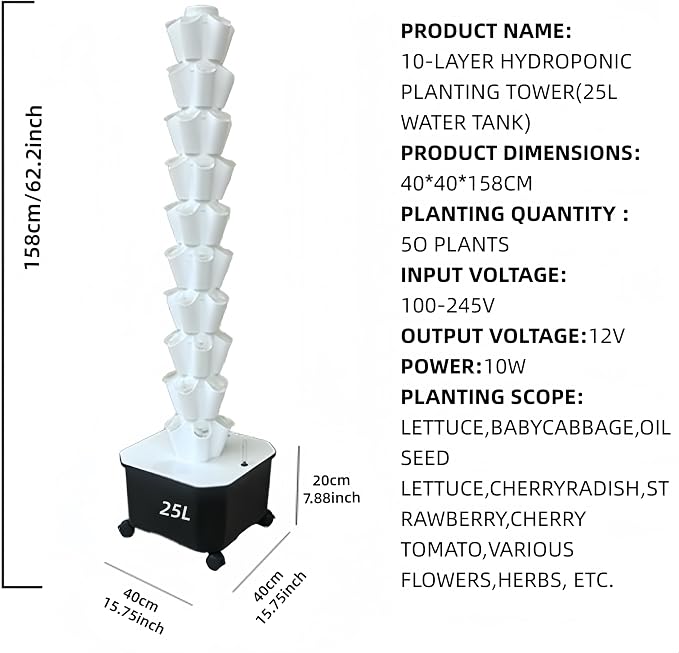TIRUSSS Hydroponic Growing System Kit, Aeroponic Tower 50 Hole Garden Vertical Vegetable Planting System with Pump and Mobile Water Tank