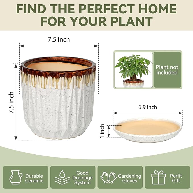 7.5 Inch Ceramic Planter Pot with Saucer Drainage Leak-Proof Mesh,Flower Pots for Indoor Plants with Gardening Gloves,Ceramic Planter(Linen White)