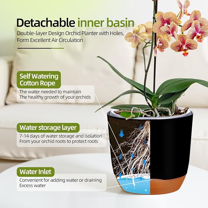 QCQHDU 2 Pack 5.7 Inch Orchid Pots with Holes for Repotting, Double-Layer and Self Watering Orchid Pot with Good Air Circulation