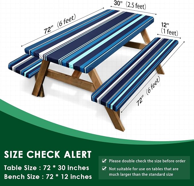Picnic Table Cover with Bench Covers Elastic Edges, Blue Stripes Camper Fitted Table Cover, Outdoor Patio Camping Essentials 72 Inch 3PCS, Waterproof Camping Fitted Tablecloth with Drawstring Bag