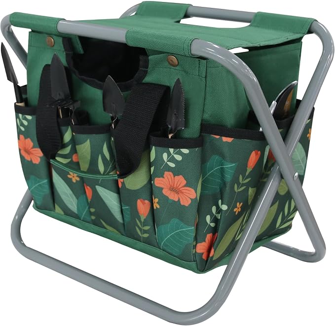Folding Gardening Stool with Detachable Storage Tote Bag, Multifunctional Gardening Tools Set Organizer for Fishing and Camping,Portable Garden Chair Seat for Adults (Green Flower)
