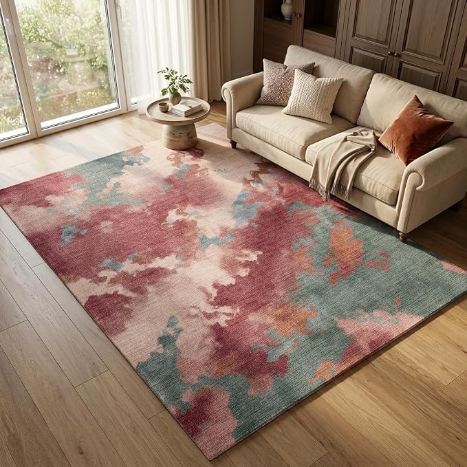 5x7 Pink, Green and Cream Modern Abstract Watercolor Area Rug | Washable non-slip low-pile faux cashmere rug for living rooms, bedrooms and home offices; soft, foldable and easy to clean.