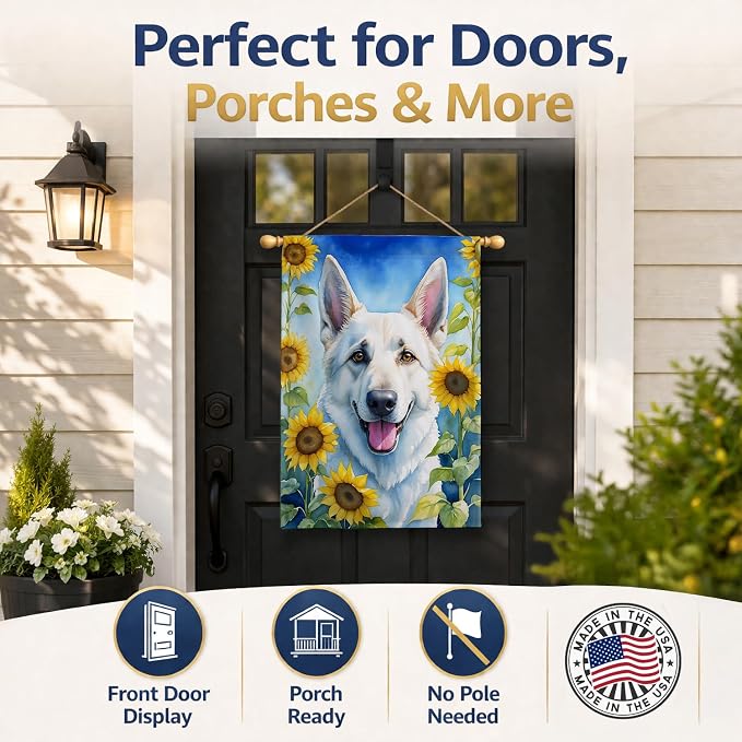 Caroline's Treasures DAC6083CHF White German Shepherd in Sunflowers House Flag Large Porch Sleeve Pole Decorative Outside Yard Banner Artwork Wall Hanging, Polyester, House Size, Multicolor