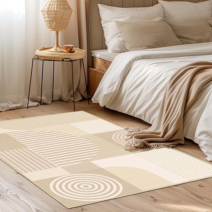 Beige Geometric Rug 2x3 for Entryway Machine Washable White Mid Century Modern Rug Non Slip Low Pile Minimalist Line Rugs Door Indoor Mat Carpet for Bathroom Bedroom Kitchen Laundry,Beige