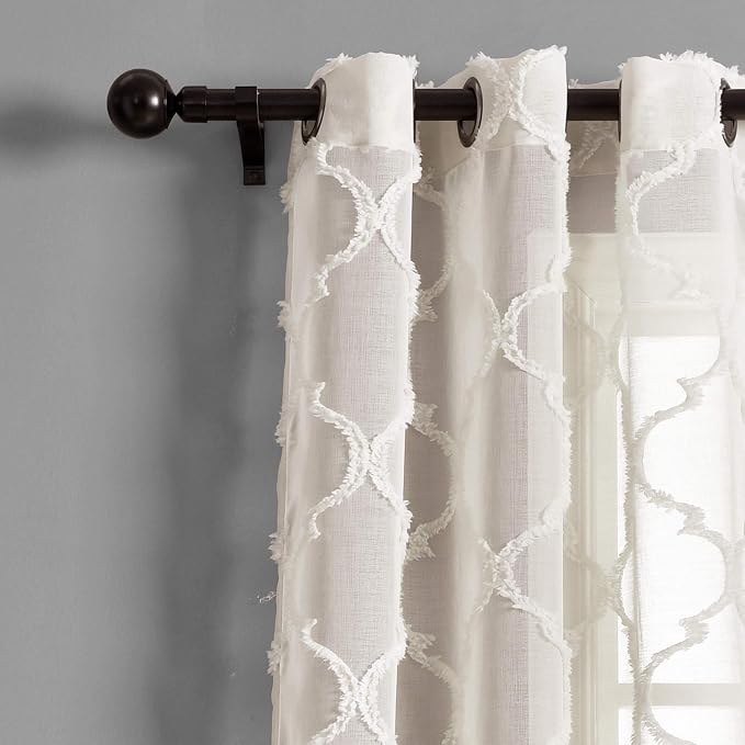 Lush Decor Avon Trellis Grommet Sheer Window Curtain Panels Pair 38" W x 95" L Beige - Sheer Curtains for Living Room - Modern Farmhouse Bedroom Curtains