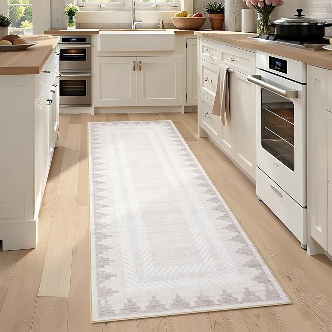 GarveeHome Modern Runner Rug 2x6 Washable Hallway Runner Rugs Bathroom Rug Cream Unique Bordered Neutral Accent Rug Non Slip,Non Shedding Low Pile Kitchen Mat,Soft Low Pile Neutral Carpet for Laundry