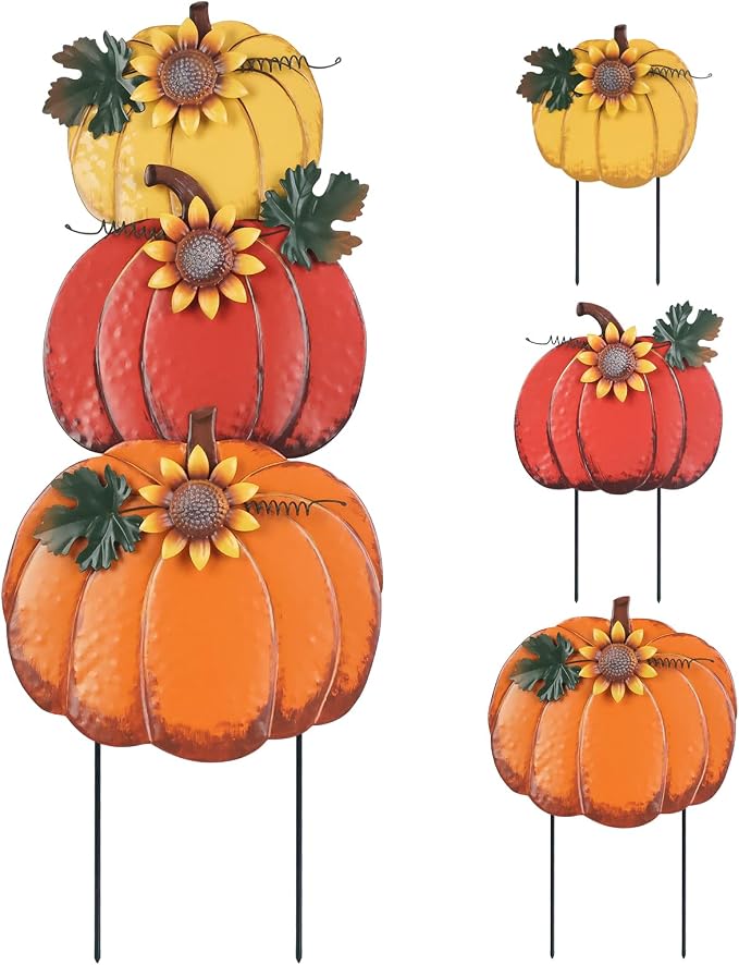 PHITRIC Fall Decorations for Home Outdoor, Decorative Garden Stakes with 3 Pumpkins for Fall Decor, Metal Yard Signs for Outside Garden Yard Lawn Porch Lawn Thanksgiving Decorations