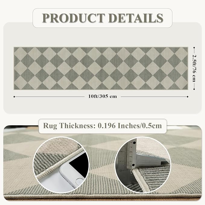 Beeiva Checkered Print Rug Runners for Hallways 2.5x10, Green Kitchen Runner Rugs Non Skid Washable Ultra Thin Faux Wool Long Carpet for Hallway, Checkerboard Neutral Floor Carpet for Kitchen Decor