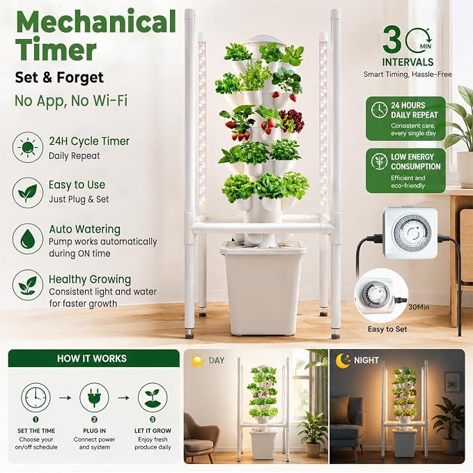 Hydroponics Growing System, 30 Pods Indoor Hydroponic Garden with 48W LED Grow Light for Year-Round Gardening, Plants Germination Kit, Hydroponic Tower for Gifts, Herb, Vegetable (No Seed)