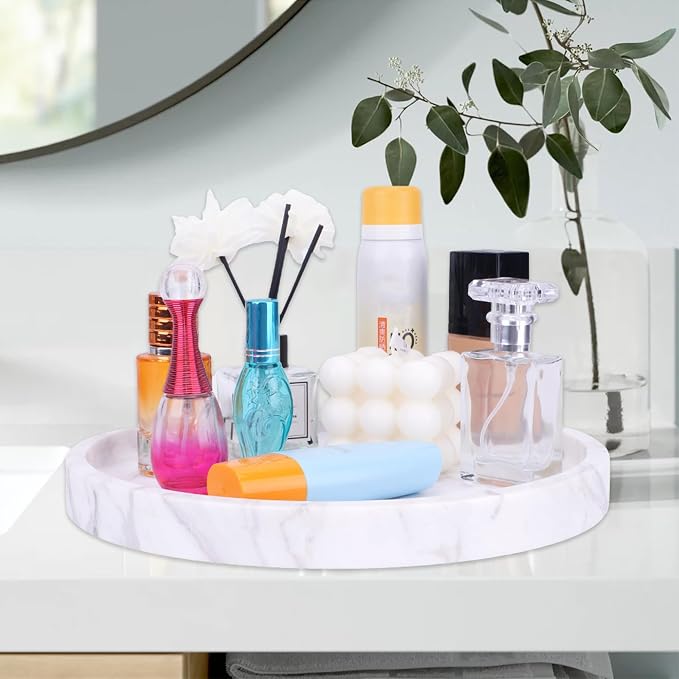 Natural Marble Decorative Tray for Bathroom Bedroom Kitchen Dresser, Large 10.6" Round Vanity Trays for Jewelry, Perfume, Cosmetic, Candle, Countertop Storage Organizer for Home Decor (WH037)