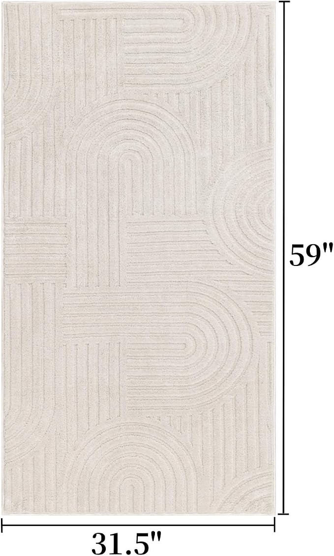 SHACOS Soft Fluffy Arch Pattern Area Rug 2'7"x5' Non Slip Washable Minimalist Modern High-Low Geometric Carpet for Living Room Kitchen Bedroom Bathroom, Beige