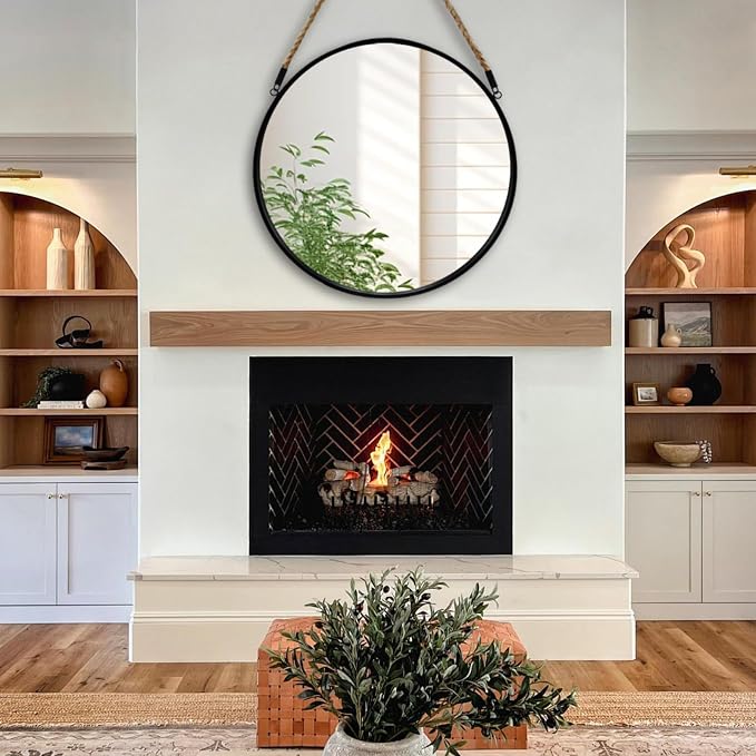 POZINO 30 Inch Large Round Hanging Mirror with Black Metal Frame | Circle HD Mirror with Jute Rope, Anti-Rust, Farmhouse Decorative Wall Mirror for Entryway, Living Room, Fireplace, Bathroom