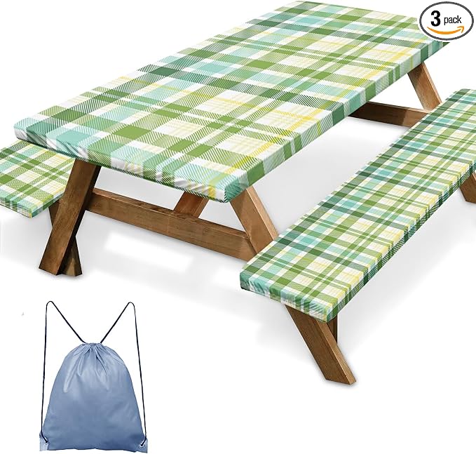 Picnic Table Cover with Bench Covers Elastic Edges, Green Camper Fitted Table Cover, Outdoor Patio Camping Essentials 72 Inch 3PCS, Waterproof Camping Fitted Tablecloth with Drawstring Bag