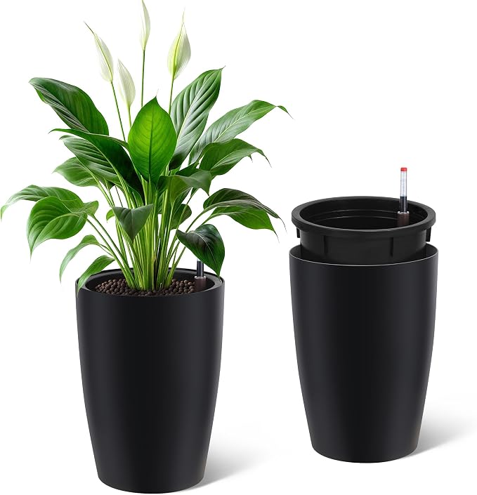 16" Tall Planter Set of 2, Self Watering Pots, Large Planter for Indoor Outdoor Plants, Built-in Drainage and a Water Level Monitor, Tall Planters for Patio, Porch, Living Room, Home Office, Black