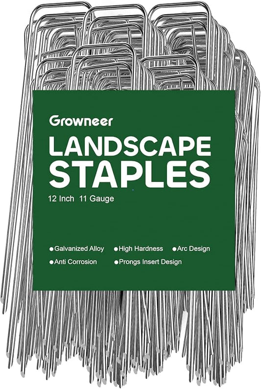 GROWNEER 50 Pack Landscape Staples 12 Inch 11 Gauge Heavy Duty Hot-Dip Galvanized Steel Garden Stakes U-Shaped Weed Barrier Spikes Metal Ground Pins for Lawn and Yard Landscaping