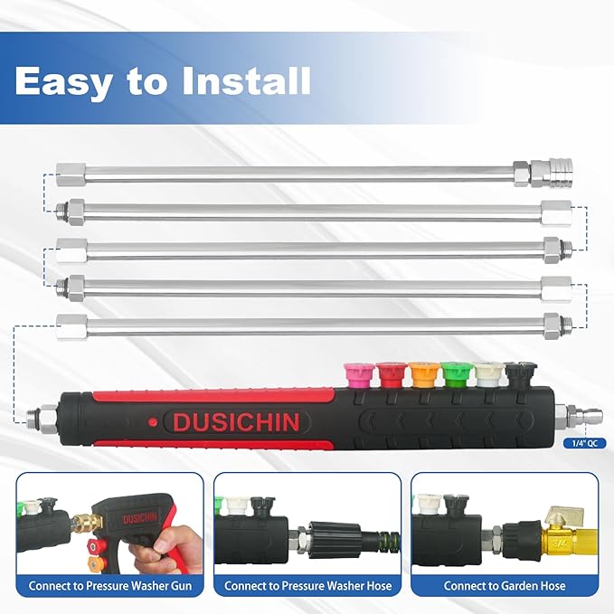 DUSICHIN Pressure Washer Extension Wand Gutter Cleaning 8 FT Garden Hose Adapter, Upgarded Soft Handle 6 Nozzle Tips 3 Curved Rod for Gutter, 1/4" M22-14mm Fitting 3/4" GHT Connector DUS2612