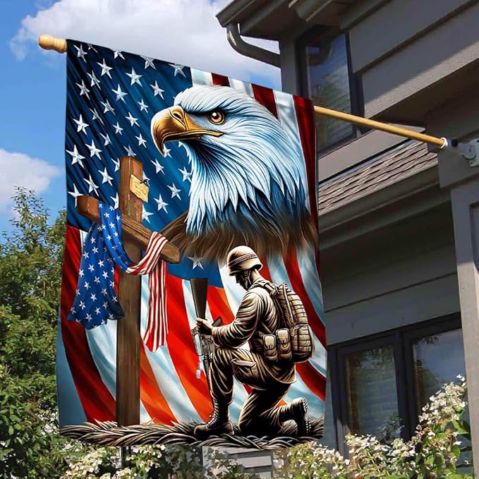 American Flag-Patriotic Eagle Veteran Kneeling Soldier Christ Cross Memorial Day American Flag MLN2793F, Garden Flag (11.5" x 17.5")-USA Flags Premium Polyester-Decorative Indoor Outdoor Flag